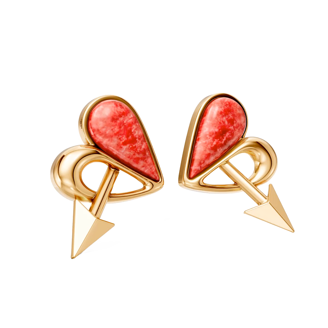 Brinco Cupido com Feldspato Vermelho banhado a ouro 18k – brinco semijoia autoral com pedra natural – Coleção Formas de Amar Aimer Joias