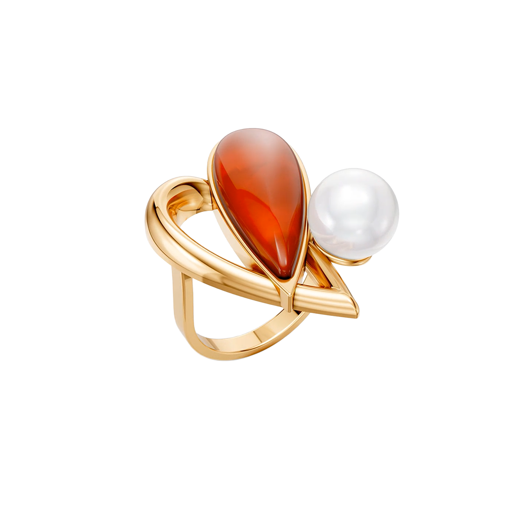 Anel Envolver com Ágata Vermelha e Pérola banhado a ouro 18k – anel semijoia autoral com pedra natural – Coleção Formas de Amar Aimer Joias
