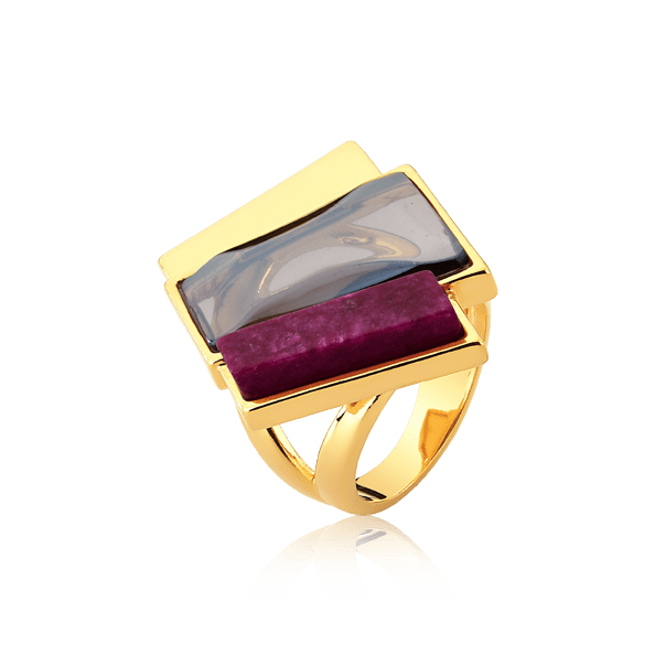 Anel Cascata - Quartzo Fumê e Feldspato Rosa Pink — Ouro 18K | Aimer Joias | semijoia feminina pedra natural