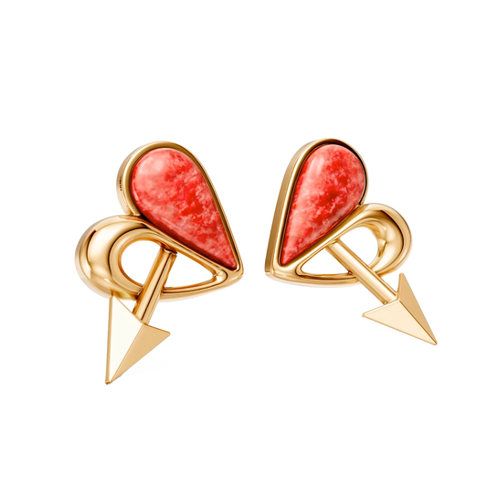 Brinco Cupido com Feldspato Vermelho banhado a ouro 18k – brinco semijoia autoral com pedra natural – Coleção Formas de Amar Aimer Joias