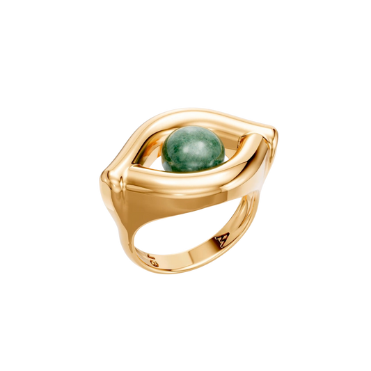 Anel Despertar — Quartzo Verde, semijoia banhada a ouro 18k, coleção Supernova, Aimer Joias