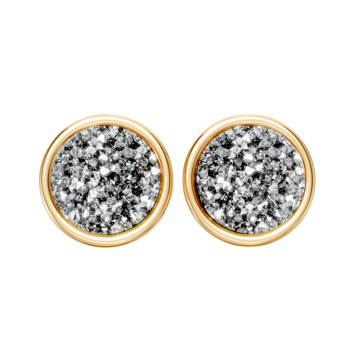 Brinco Aurora — Drusa Metalizada, semijoia banhada a ouro 18k, coleção Supernova, Aimer Joias