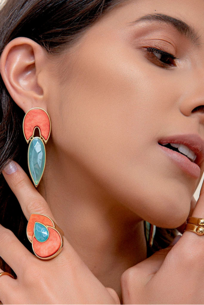 Anel Flor de Lótus - Feldspato Laranja e Ágata Azul Céu detalhe — Ouro 18K | Aimer Joias