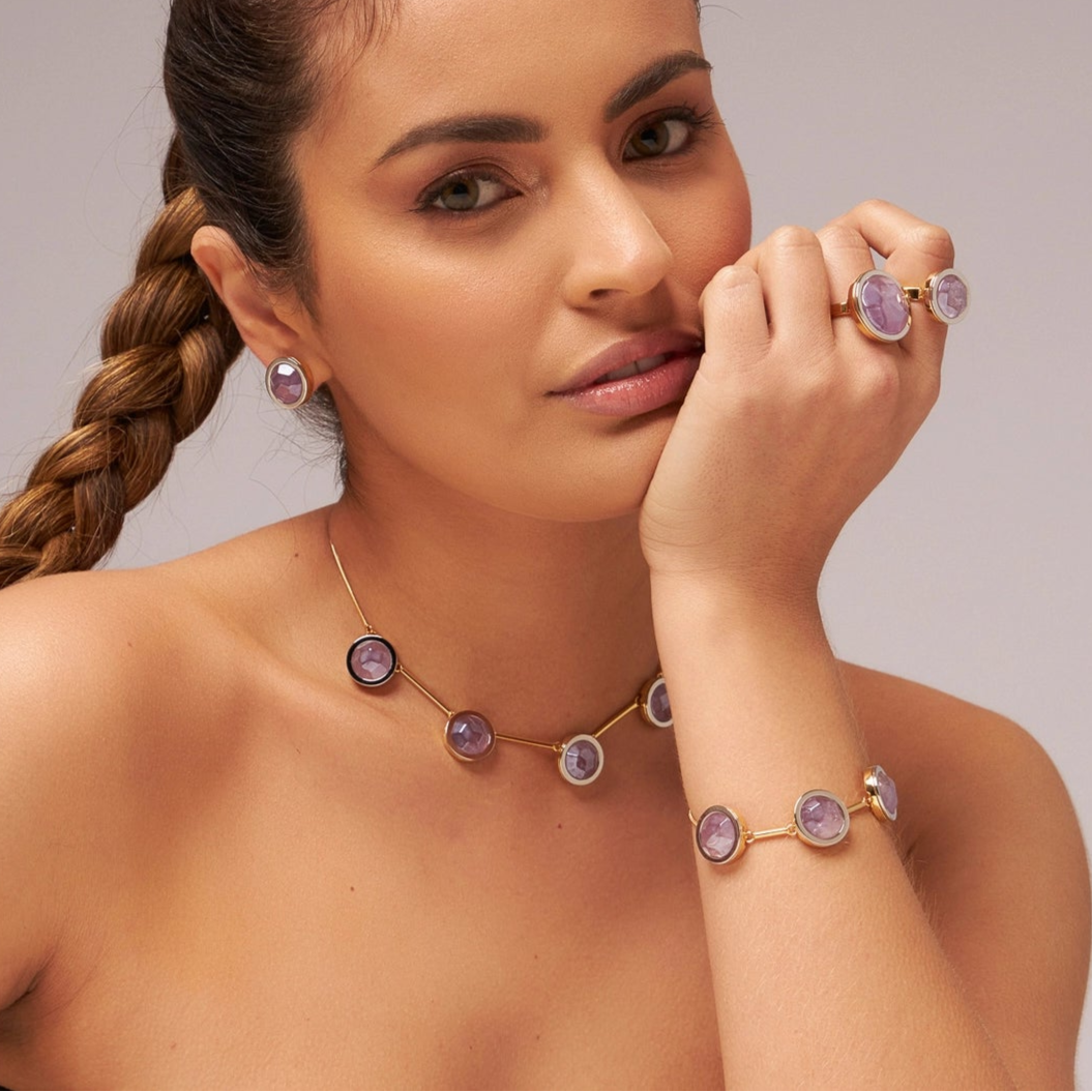Colar Magnífico Ametista Multifacetada Banhado a Ouro 18k