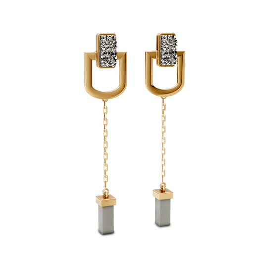 Brinco Presença com Drusa Metalizada banhado a ouro 18k – semijoia pendente feminina elegante – Coleção Elos Aimer Joias
