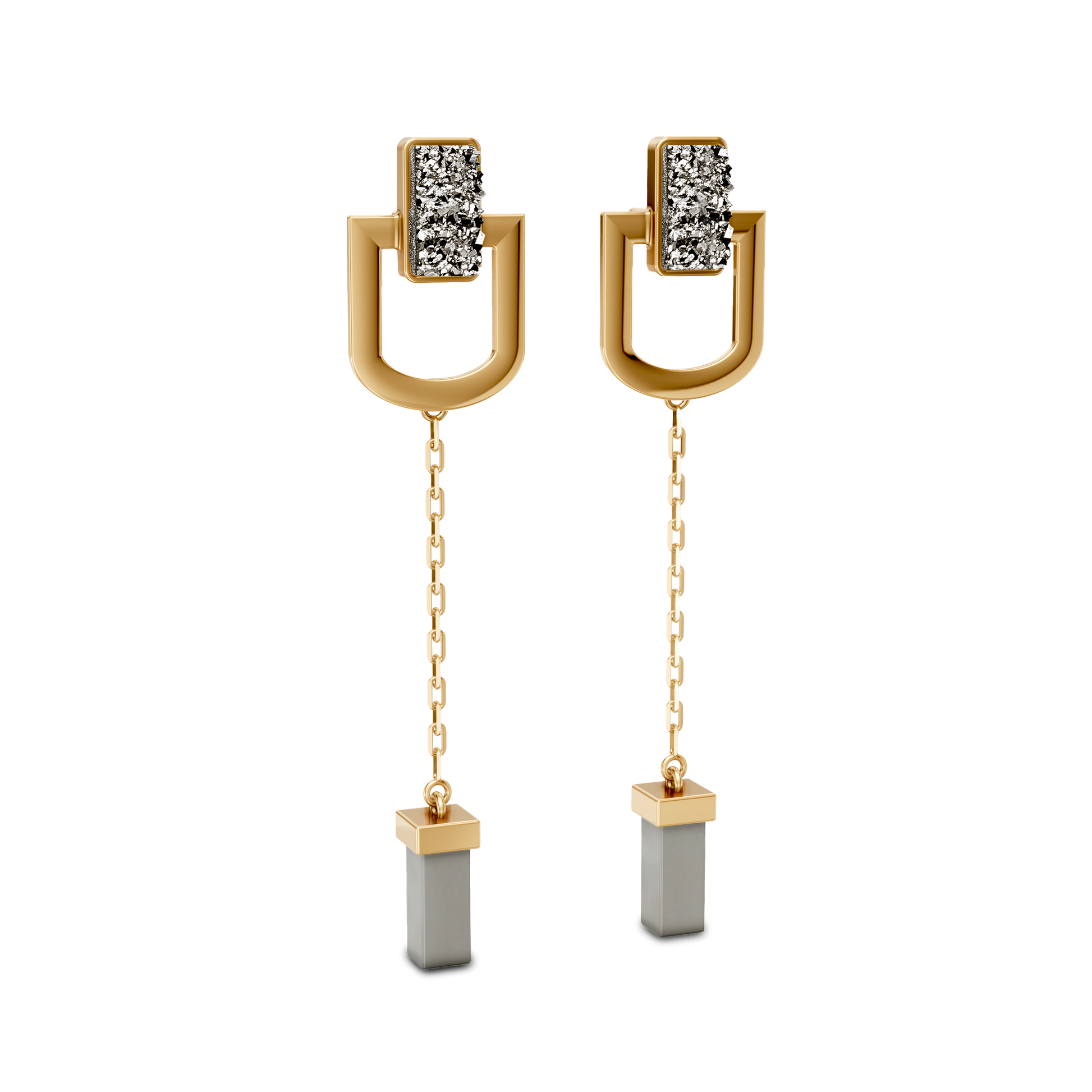 Brinco Presença com Drusa Metalizada banhado a ouro 18k – semijoia pendente feminina elegante – Coleção Elos Aimer Joias
