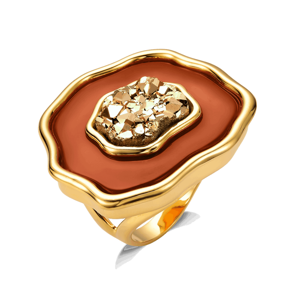 Anel Anthera com Ágata Vermelha e Drusa Ouro em banho ouro 18k | Anel feminino Aimer Joias