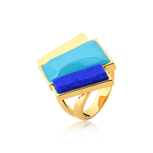 Anel Cascata Ágata Azul Céu e Feldspato Azul Anil — Ouro 18K | Aimer Joias | semijoia feminina pedra natural