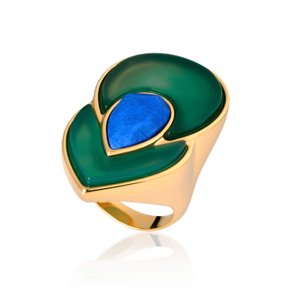 Conjunto Flor de Lótus - Ágata Verde + Feldspato Azul Anil — Ouro 18K | Aimer Joias | semijoia feminina pedra natural