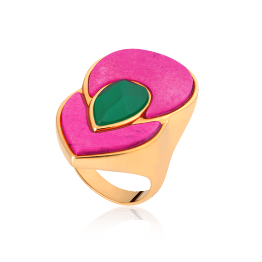 Anel Flor de Lótus - Ágata Verde e Feldspato Rosa Pink — Ouro 18K | Aimer Joias | semijoia feminina
