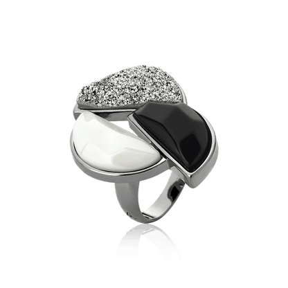 Anel Impacto - Obsidiana Negra/Porcelana/Drusa Platina Semijoias de luxo e design exclusivo