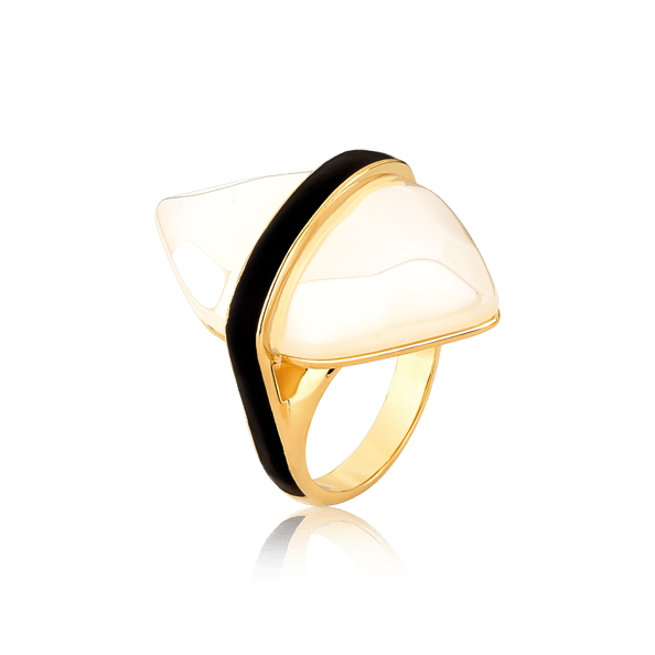 Anel Kahina com Ágata Branca e esmaltação preta em banho ouro 18k | Aimer Joias