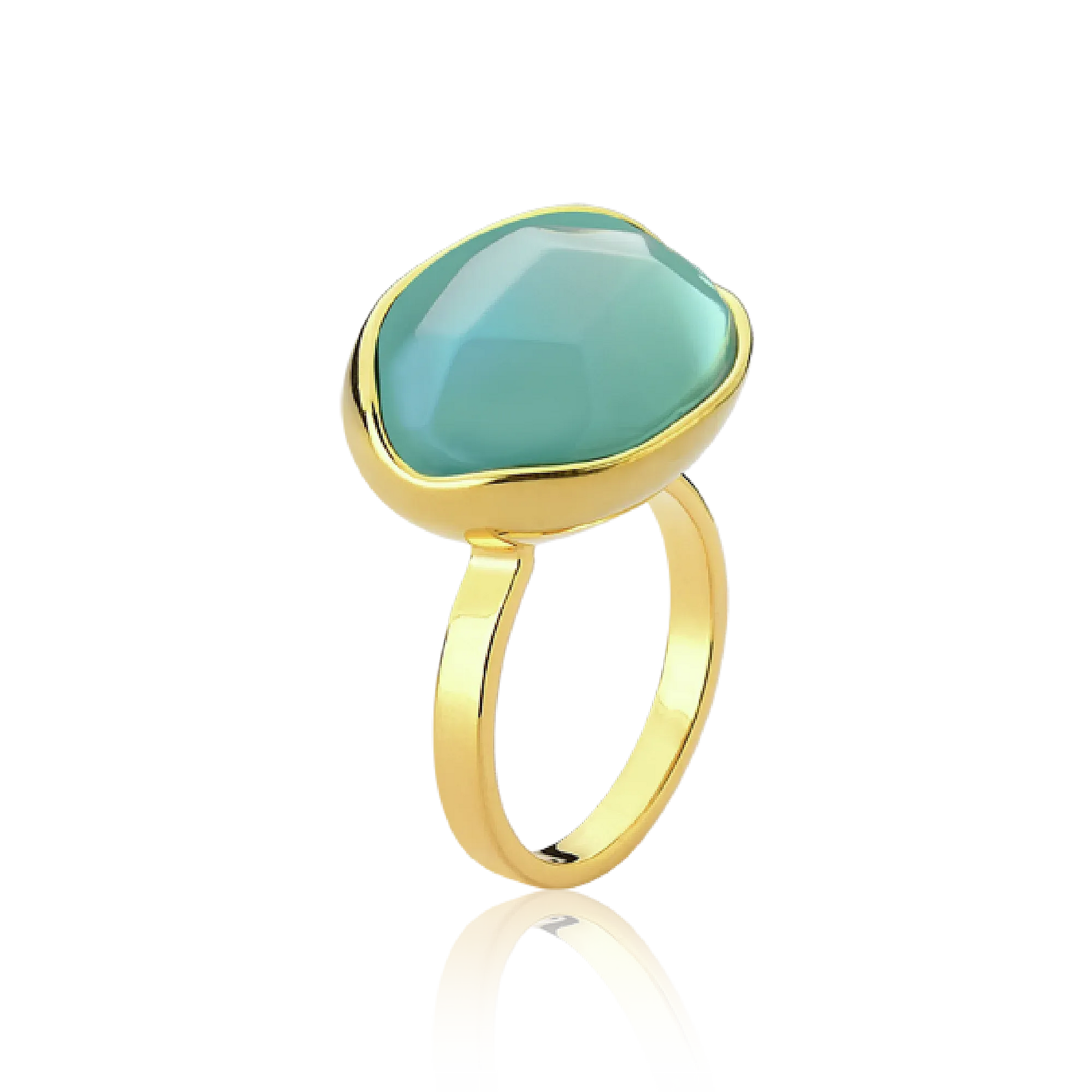 O Anel Renascer com Ágata Azul Céu e Banho de Ouro 18K é uma peça de cor serena e marcante. A lapidação multifacetada da Ágata realça seus tons de azul claro, criando um visual sofisticado e cheio de personalidade que contrasta com o luxo do banho de ouro.