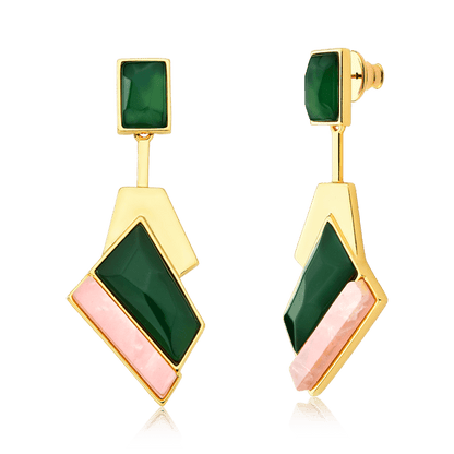 Brinco Chuva - Ágata Verde e Quartzo Rosa — Ouro 18K | Aimer Joias | maxi brinco semijoia feminina