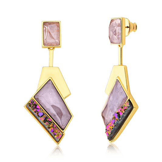 Brinco Chuva - Ametista e Drusa Multicolorida — Ouro 18K | Aimer Joias | maxi brinco semijoia feminina