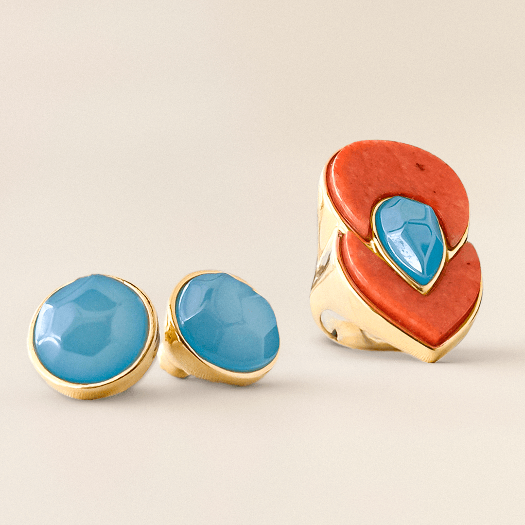 Brinco Classic - Ágata Azul Céu detalhe — Ouro 18K | Aimer Joias | brinco semijoia pedra natural