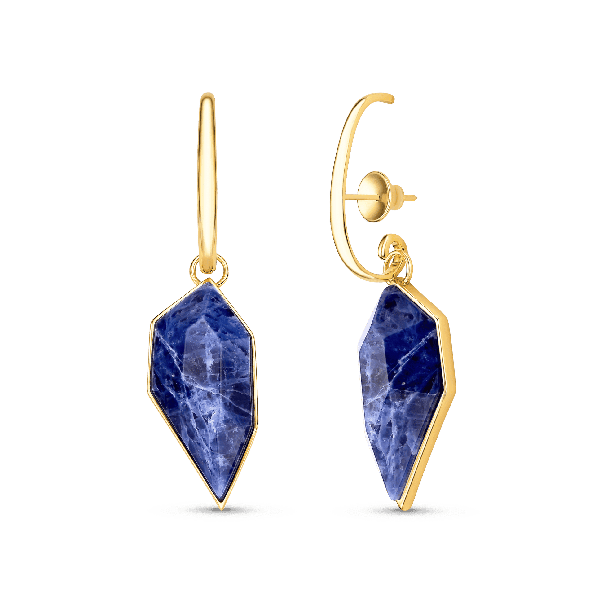 Brinco Impulso - Brincos pendentes com pedras naturais de Sodalita Azul em forma geométrica, banhados em ouro 18k.