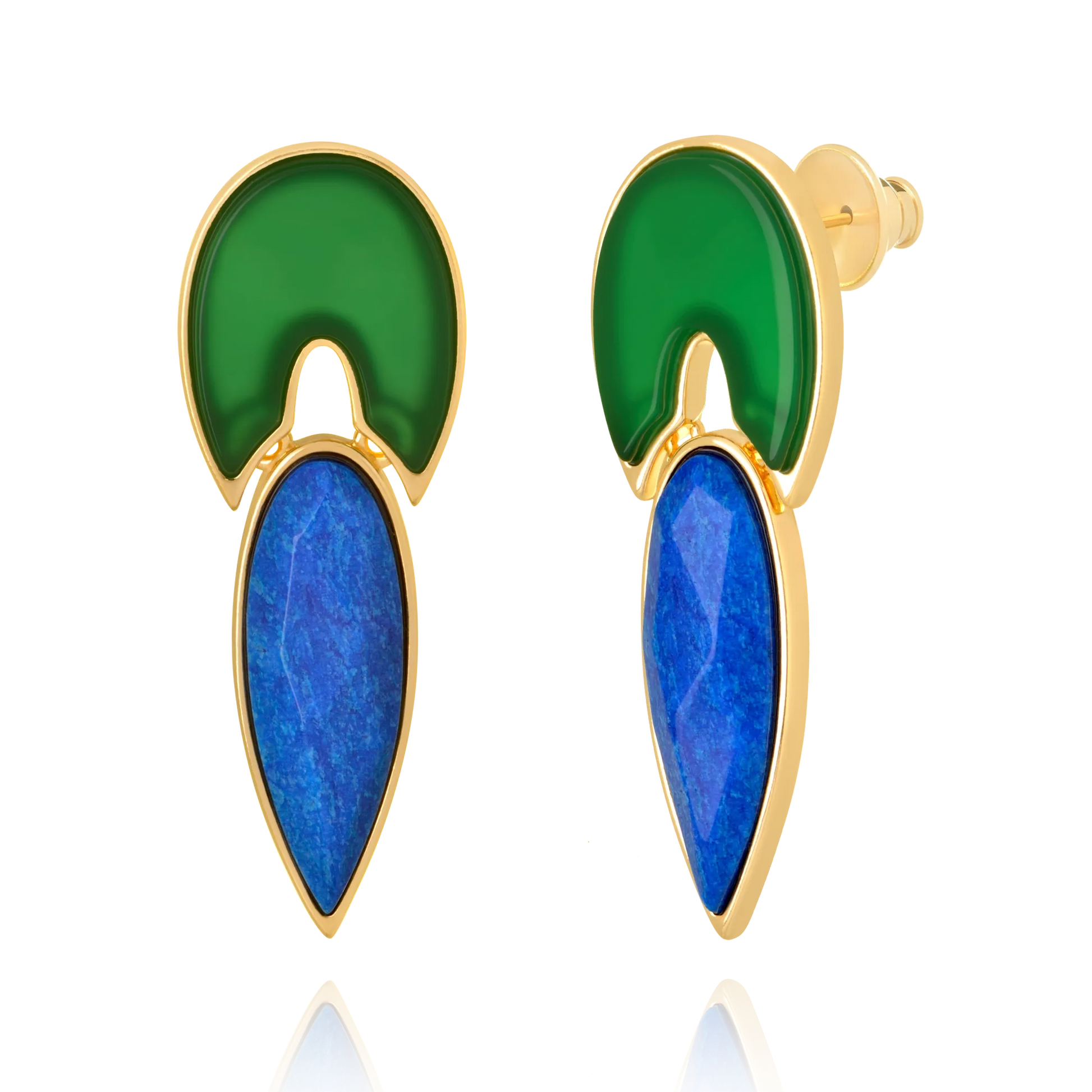Conjunto Flor de Lótus - Ágata Verde + Feldspato Azul Anil — Ouro 18K | Aimer Joias | semijoia feminina pedra natural
